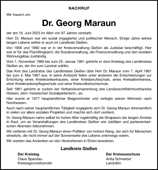 Traueranzeige von Georg Maraun von Giessener Anzeiger, Giessener Allgemeine, Alsfelder Allgemeine