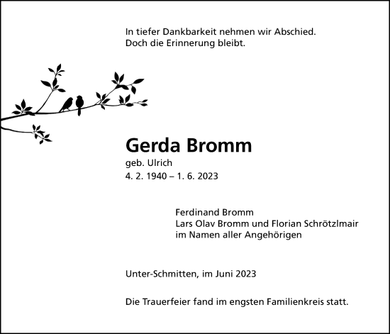 Traueranzeige von Gerda Bromm von Kreis-Anzeiger