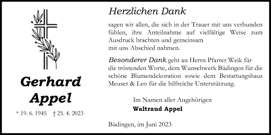 Traueranzeige von Gerhard Appel von Kreis-Anzeiger