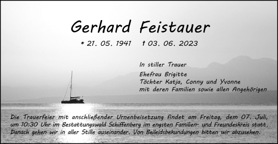 Traueranzeige von Gerhard Feistauer von Giessener Allgemeine, Alsfelder Allgemeine, Giessener Anzeiger, Pohlheimer Nachrichten