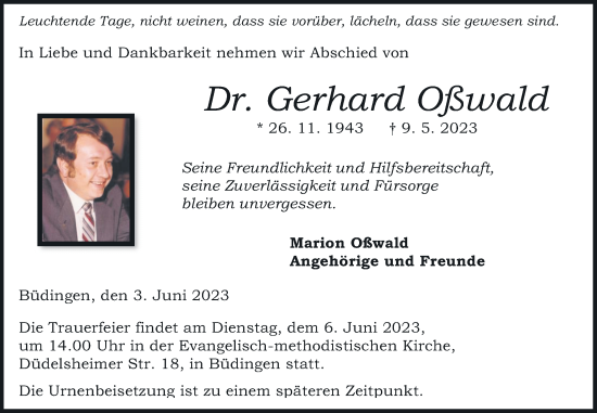 Traueranzeige von Gerhard Oßwald von Kreis-Anzeiger