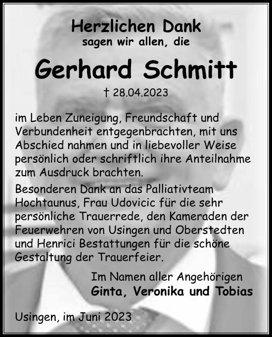 Traueranzeige von Gerhard Schmitt von Usinger Anzeiger