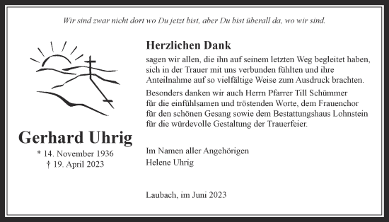 Traueranzeige von Gerhard Uhrig von Usinger Anzeiger, 