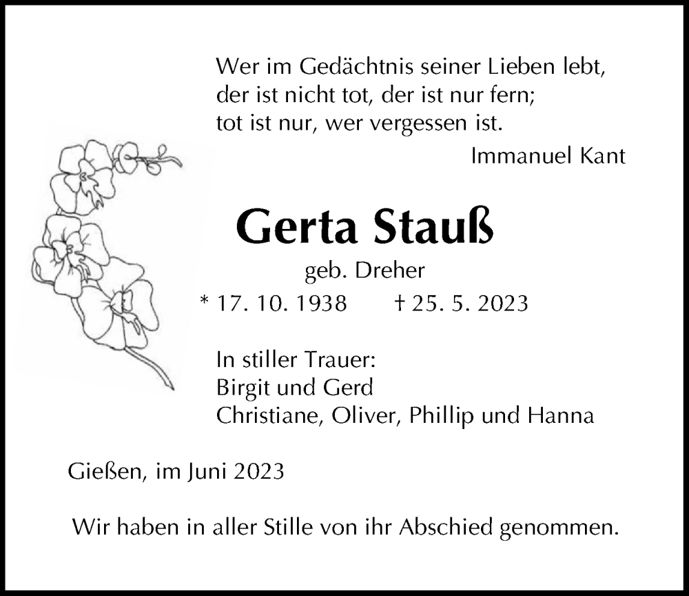  Traueranzeige für Gerta Stauß vom 10.06.2023 aus Giessener Anzeiger