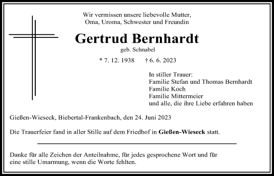 Traueranzeige von Gertrud Bernhardt von Giessener Anzeiger