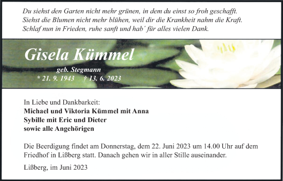 Traueranzeige von Gisela Kümmel von Kreis-Anzeiger