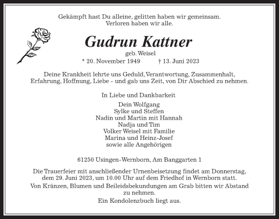 Traueranzeige von Gudrun Kattner von Usinger Anzeiger