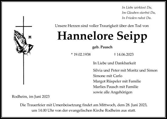 Traueranzeige von Hannelore Seipp von Giessener Anzeiger