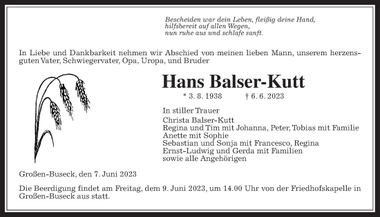 Traueranzeige von Hans Balser-Kutt von Giessener Allgemeine, Alsfelder Allgemeine, Giessener Anzeiger