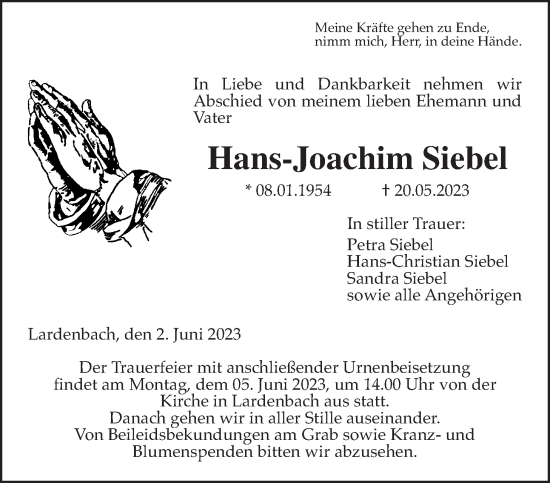 Traueranzeige von Hans-Joachim Siebel von Giessener Allgemeine, Alsfelder Allgemeine