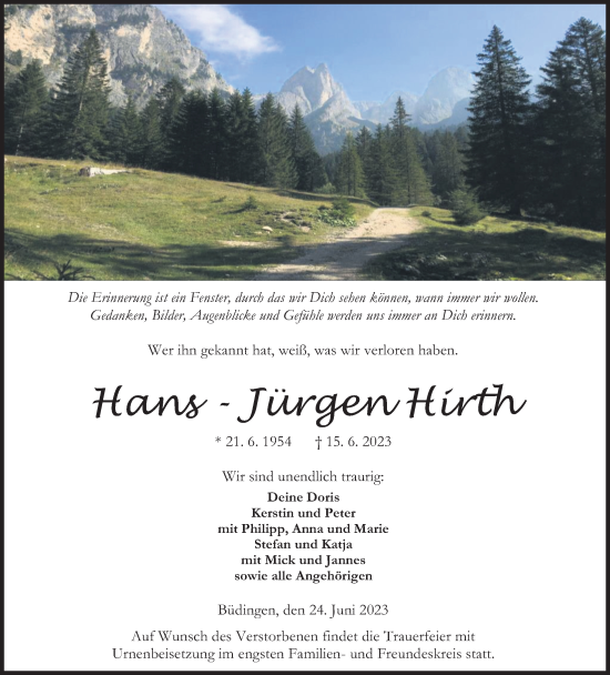 Traueranzeige von Hans-Jürgen Hirth von Kreis-Anzeiger
