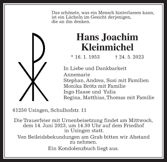 Traueranzeige von Hans Joachim Kleinmichel von Usinger Anzeiger