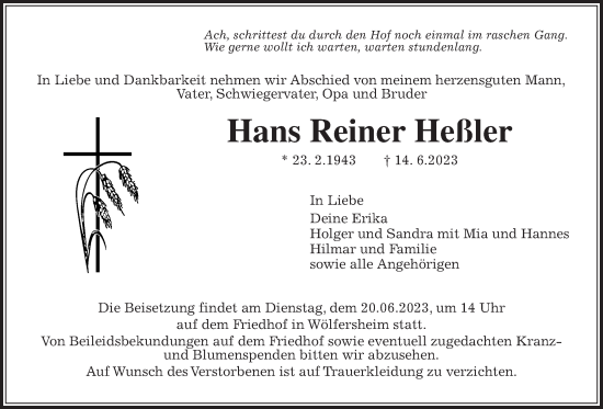 Traueranzeige von Hans Reiner Heßler von Wetterauer Zeitung
