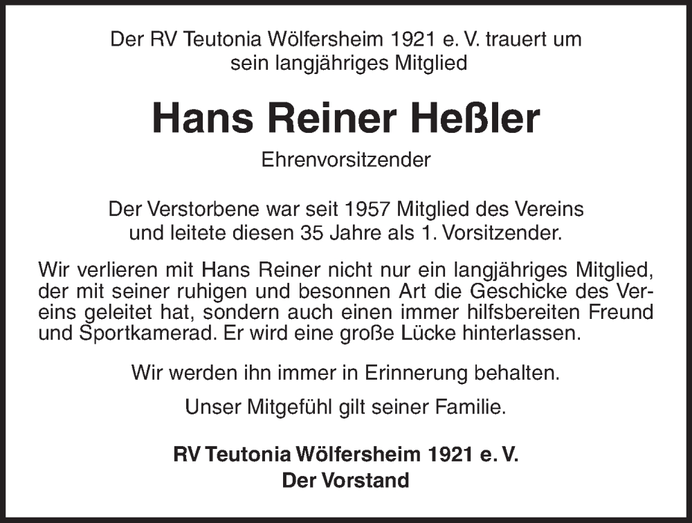  Traueranzeige für Hans Reiner Heßler vom 17.06.2023 aus Wetterauer Zeitung