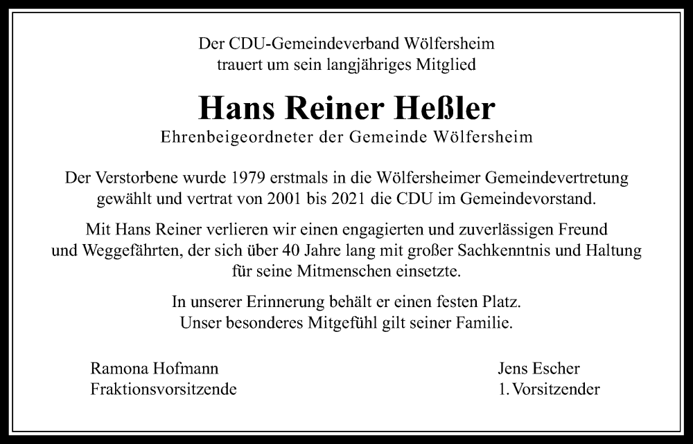  Traueranzeige für Hans Reiner Heßler vom 17.06.2023 aus Wetterauer Zeitung