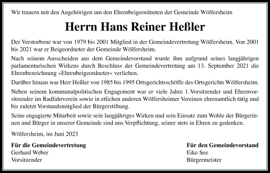 Traueranzeige von Hans Reiner Heßler von Wetterauer Zeitung