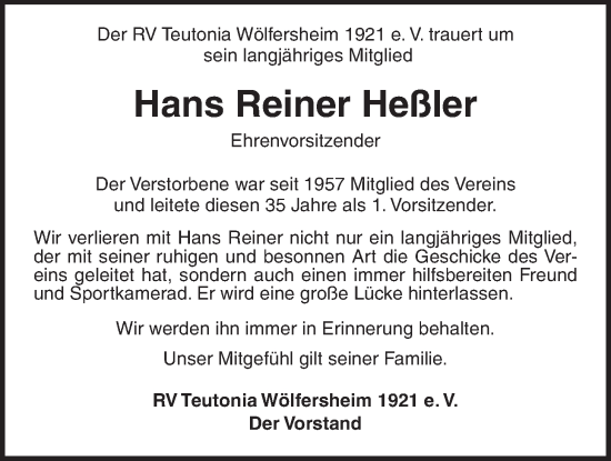 Traueranzeige von Hans Reiner Heßler von Wetterauer Zeitung