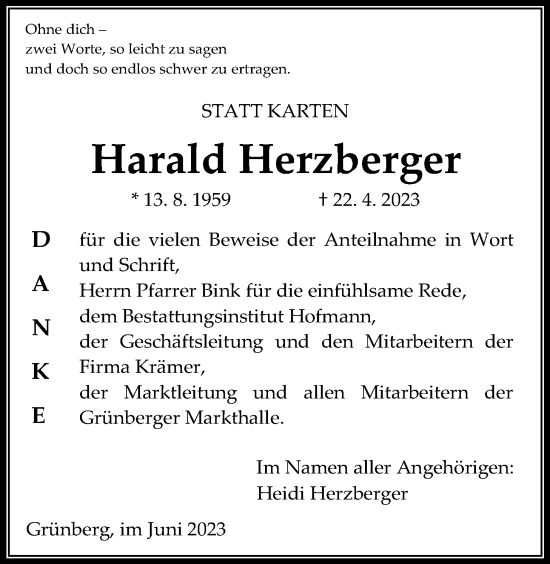 Traueranzeige von Harald Herzberger von Giessener Allgemeine, Alsfelder Allgemeine