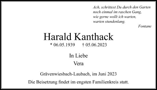 Traueranzeige von Harald Kanthack von Usinger Anzeiger
