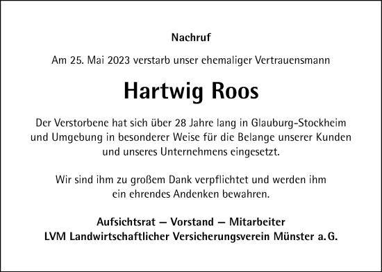 Traueranzeige von Hartwig Roos von Kreis-Anzeiger