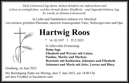 Traueranzeige von Hartwig Roos von Kreis-Anzeiger