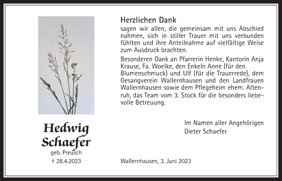 Traueranzeige von Hedwig Schaefer von Kreis-Anzeiger