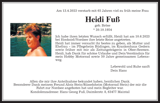 Traueranzeige von Heidi Fuß von Kreis-Anzeiger