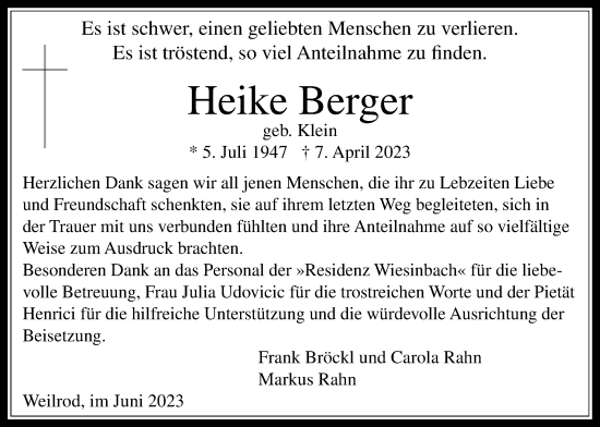 Traueranzeige von Heike Berger von Usinger Anzeiger