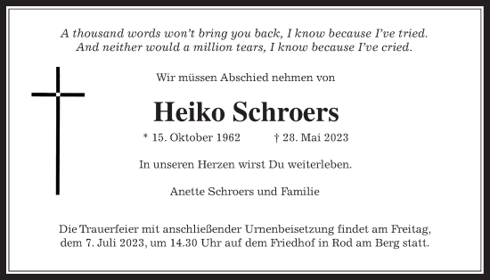 Traueranzeige von Heiko Schroers von Usinger Anzeiger