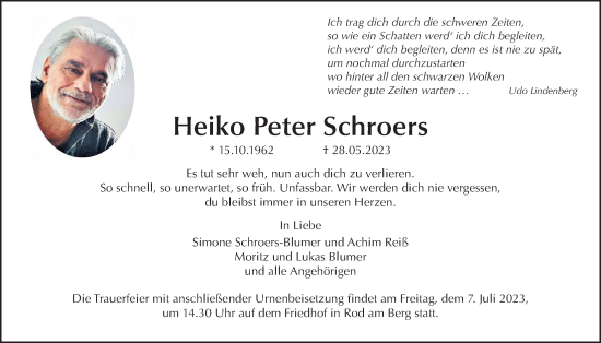 Traueranzeige von Heiko Peter Schroers von Usinger Anzeiger