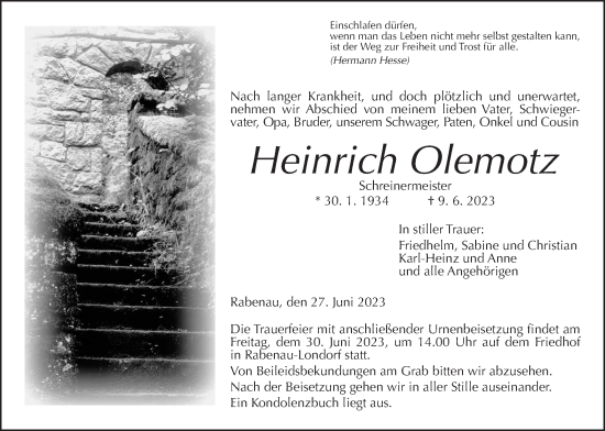 Traueranzeige von Heinrich Olemotz von Giessener Anzeiger, Giessener Allgemeine, Alsfelder Allgemeine