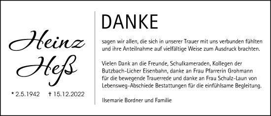 Traueranzeige von Heinz Heß von Licher Wochenblatt