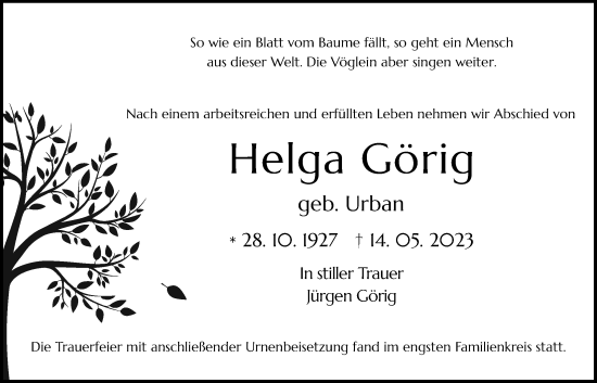 Traueranzeige von Helga Görig von Pohlheimer Nachrichten