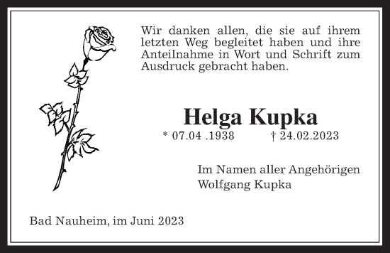 Traueranzeige von Helga Kupka von Wetterauer Zeitung