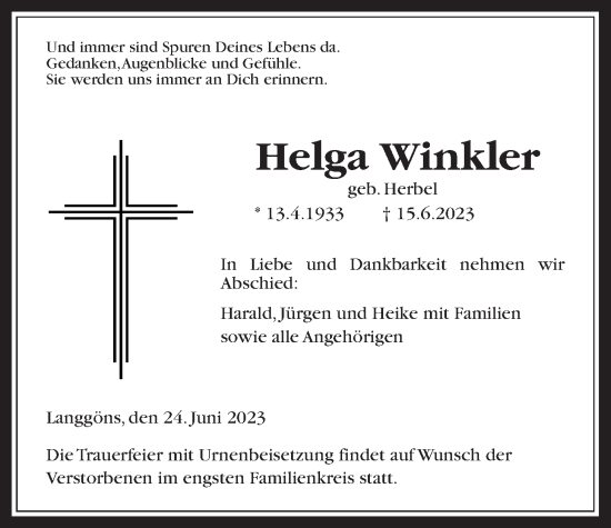 Traueranzeige von Helga Winkler von Giessener Anzeiger