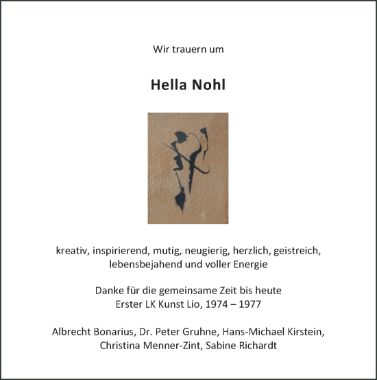 Traueranzeige von Hella Nohl von Giessener Allgemeine, Giessener Anzeiger, Alsfelder Allgemeine