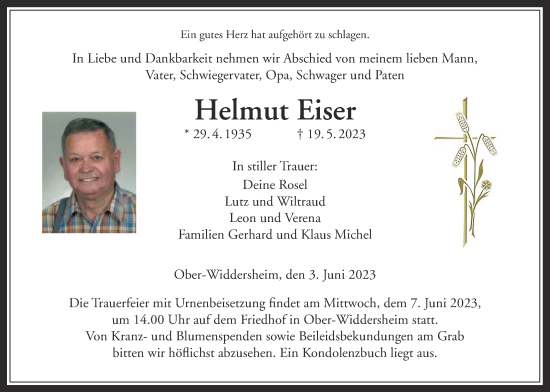 Traueranzeige von Helmut Eiser von Kreis-Anzeiger