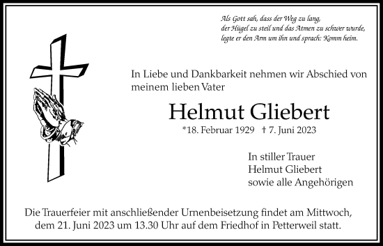 Traueranzeige von Helmut Gliebert von Bad Vilbel/Karben