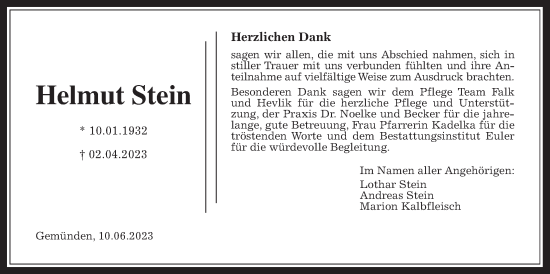 Traueranzeige von Helmut Stein von Alsfelder Allgemeine