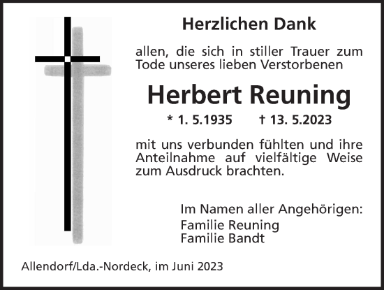 Traueranzeige von Herbert Reuning von Giessener Allgemeine, Giessener Anzeiger, Alsfelder Allgemeine