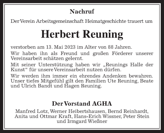 Traueranzeige von Herbert Reuning von Allendorfer Mitteilungen