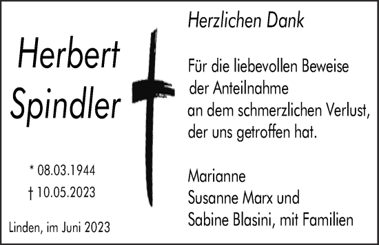 Traueranzeige von Herbert Spindler von Giessener Allgemeine, Alsfelder Allgemeine, Giessener Anzeiger