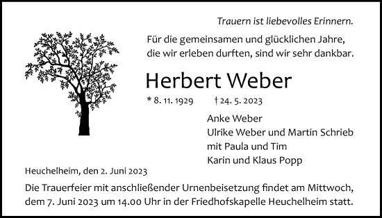 Traueranzeige von Herbert Weber von Giessener Anzeiger