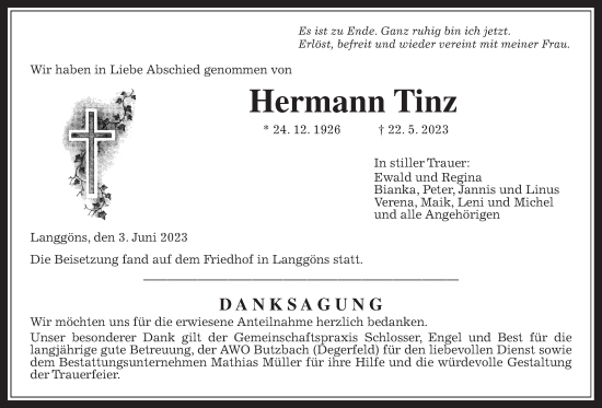 Traueranzeige von Hermann Tinz von Giessener Anzeiger