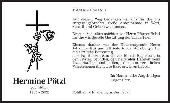 Traueranzeige von Hermine Pötzl von Pohlheimer Nachrichten