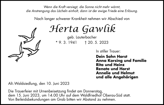 Traueranzeige von Herta Gawlik 
