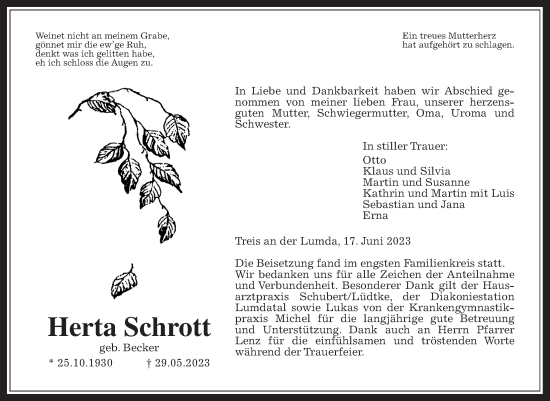 Traueranzeige von Herta Schrott von Giessener Allgemeine, Alsfelder Allgemeine