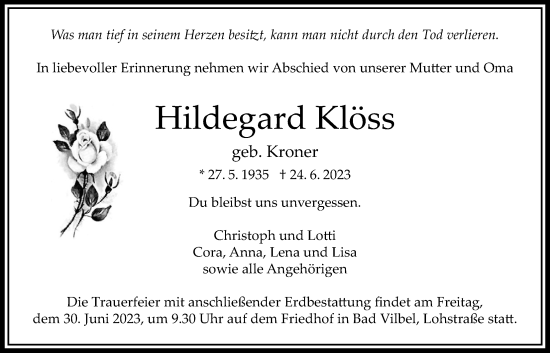 Traueranzeige von Hildegard Klöss von Bad Vilbel/Karben