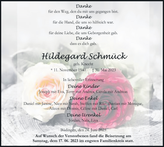 Traueranzeige von Hildegard Schmück von Kreis-Anzeiger