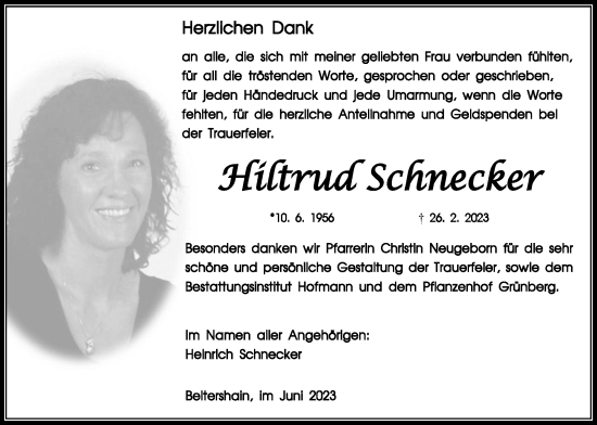 Traueranzeige von Hiltrud Schnecker von Giessener Allgemeine, Alsfelder Allgemeine, Giessener Anzeiger